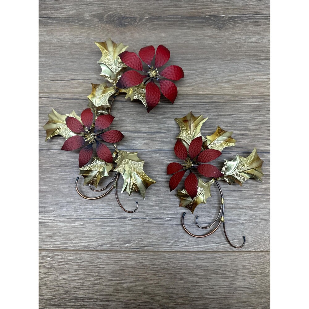 Vintage HOMCO Gold and Red Metal Poinsettia and Holly Decorative Wall Decor